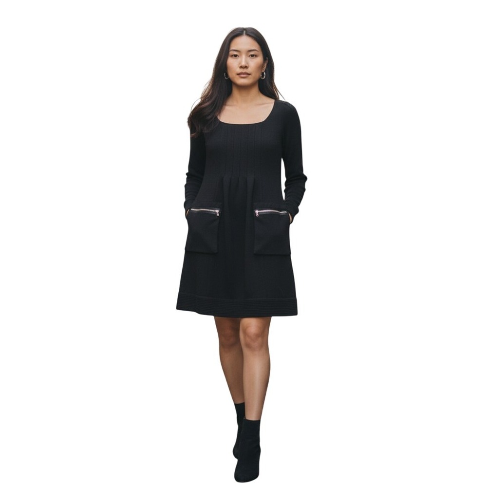 Phoebe Couture Black Wool Mini Dress Zip Patch Pockets And Pintuck Detail Size 4